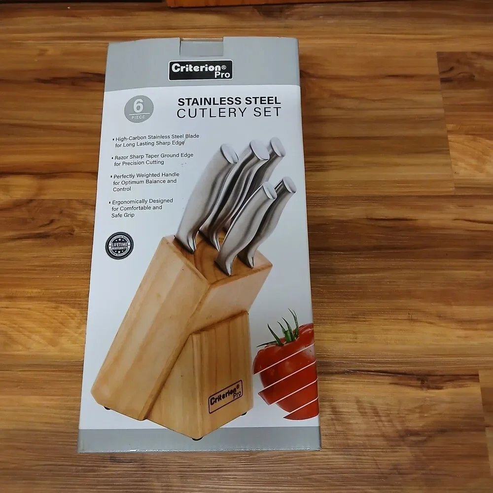 CRITERION Pro 6-Piece Stainless Steel Kitchen Knife Set with Wooden Block NEW